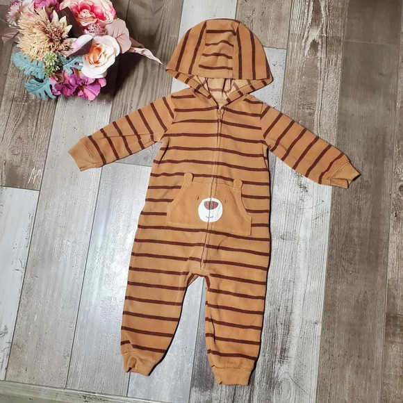 Just One You Carter's 12m Brown Striped Fleece Bear Jumpsuit Coverall Romper - Picture 8 of 12